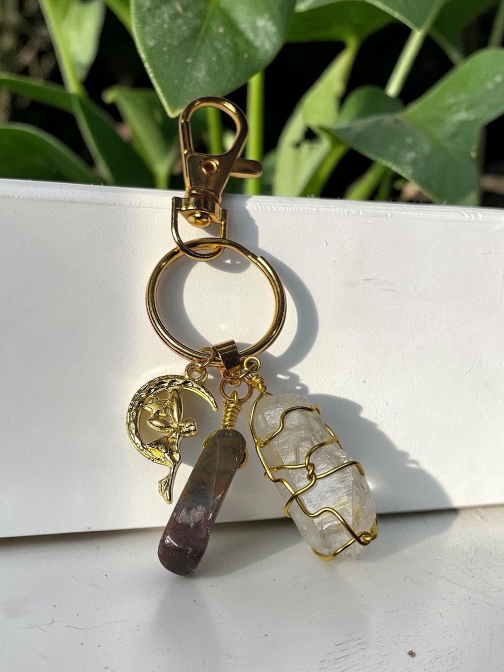 Gold-Tone Crystal Charm Keychain with Moon Pendant - Clear & Brown Crystals